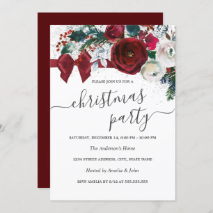 Red Watercolor Floral Bow Christmas Party Invitation