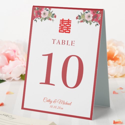 Red watercolor floral Chinese wedding table number Table Tent Sign