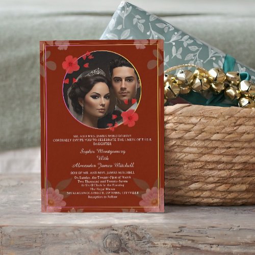 Red Watercolor Floral Frame Wedding Invitation QR 