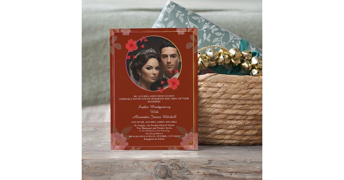 Frame Invitation Red Red Watercolor Floral Frame Wedding Invitation QR | Zazzle