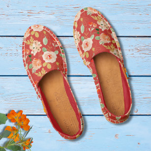 Red Watercolor Floral Gold Glitter Pattern Espadrilles