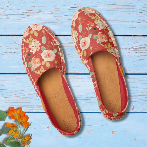 Red Watercolor Floral Gold Glitter Pattern Espadrilles