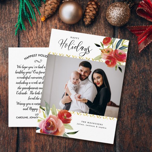 Red Watercolor Floral Gold Holiday Family Photo Postcard