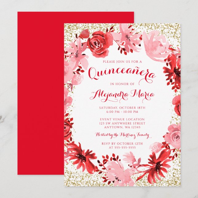 Red Watercolor Floral Gold Quinceanera Invitation (Front/Back)