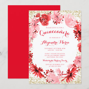 Red Watercolor Floral Gold Quinceanera Invitation