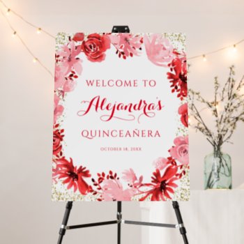 Red Watercolor Floral Gold Quinceanera Welcome Foam Board by printcreekstudio at Zazzle
