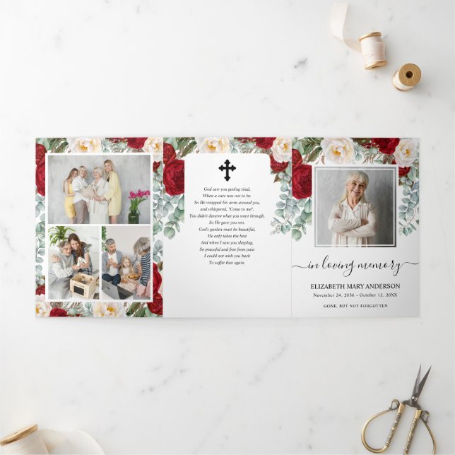 Red Watercolor Floral Memorial Funeral  Tri-Fold Program (Outside)