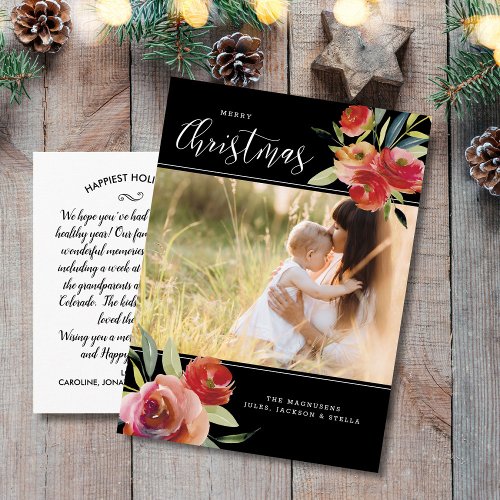 Red Watercolor Floral Merry Christmas Photo Postcard