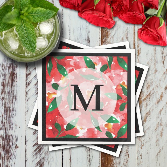 Red Watercolor Floral Monogram Napkins (Red roses floral cocktail napkins with black border and monogram)