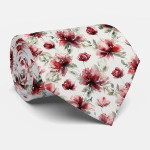 Red Watercolor Floral Pattern Neck Tie