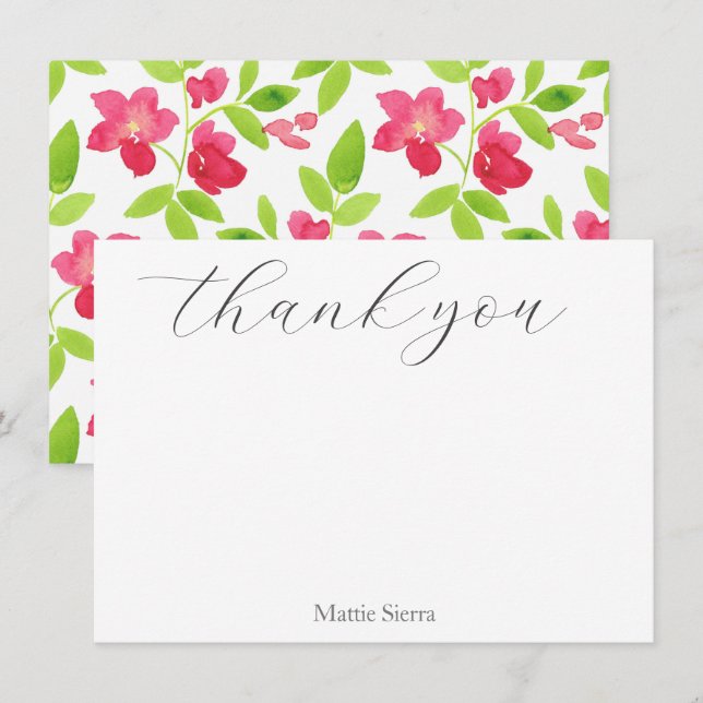 Red Watercolor Floral Pattern Thank You Card (Front/Back)