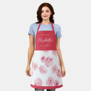 Red Watercolor Floral Personalized Cooking Apron by TintAndBeyond at Zazzle