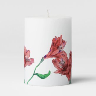 Red Watercolor Floral Pillar Candle