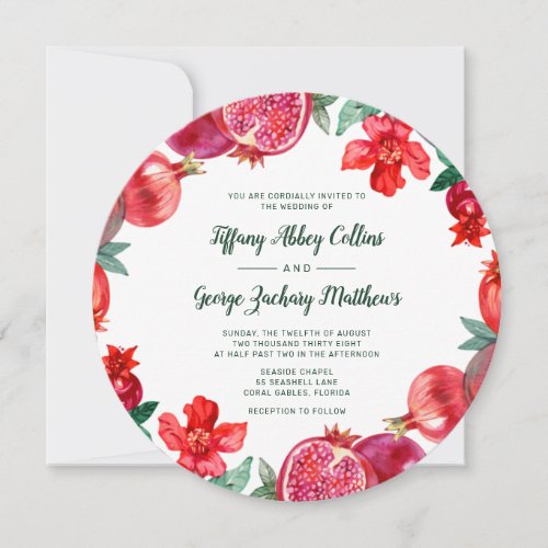 Red Watercolor Floral Pomegranate Wedding Invitation