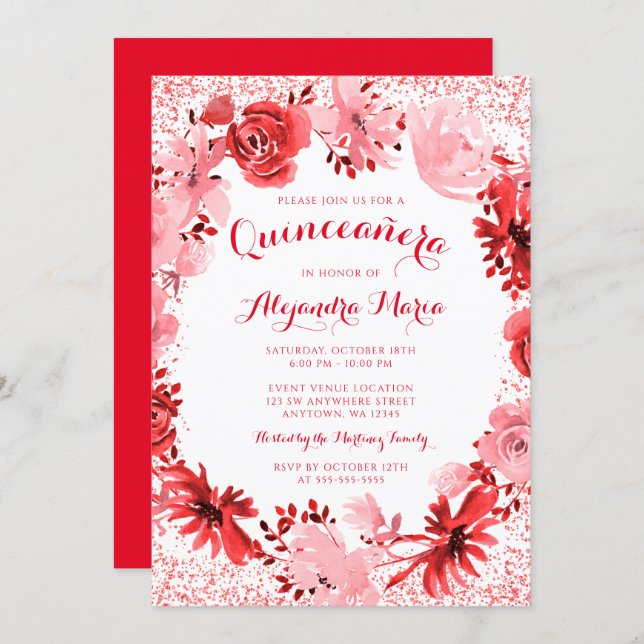Red Watercolor Floral Quinceanera Invitation (Front/Back)