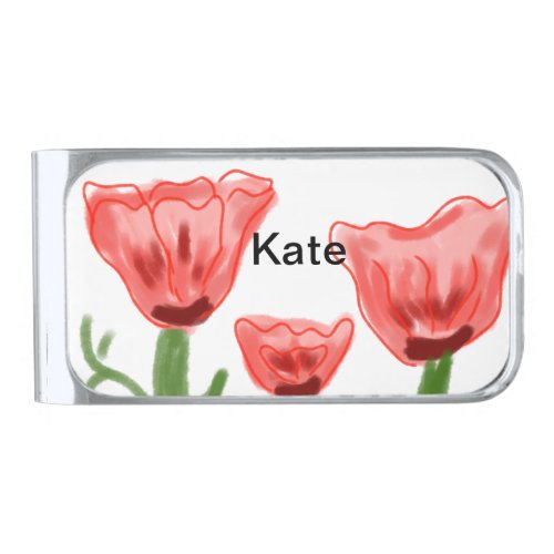 Red watercolor floral watercolor add name text t silver finish money clip