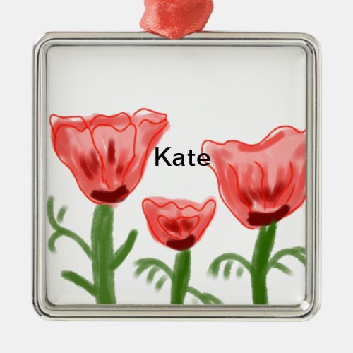 Red watercolor floral watercolor add name text thr metal ornament