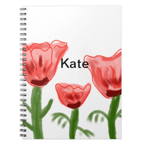 Red watercolor floral watercolor add name text thr notebook