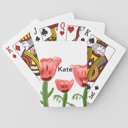 Red watercolor floral watercolor add name text thr playing cards