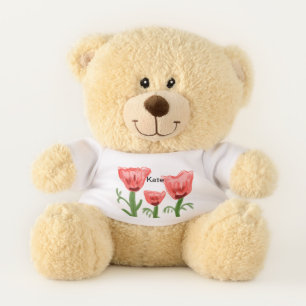 Red watercolor floral watercolor add name text thr teddy bear