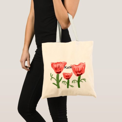 Red watercolor floral watercolor add name text thr tote bag