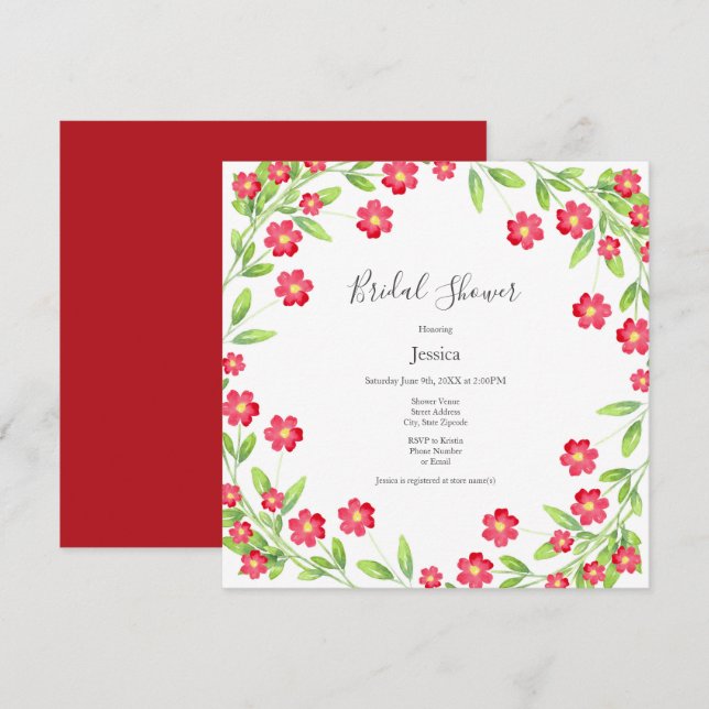 Red Watercolor Floral Wreath Invitation (Front/Back)