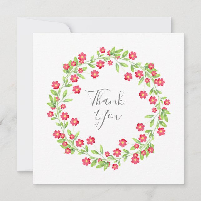 Red Watercolor Floral Wreath Thank You Card (Front)
