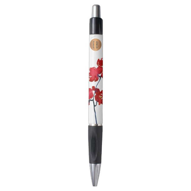 Red Watercolor Flower Copper Circle Monogrammed Pen (Front Vertical)