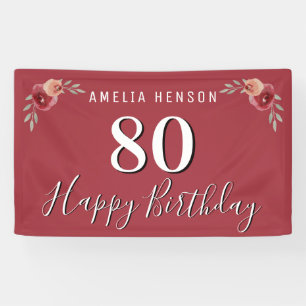Red Watercolor Flower Floral 80th Birthday Banner