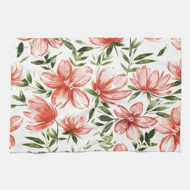 Red Watercolor Flowers Kitchen Towel (Horizontal)