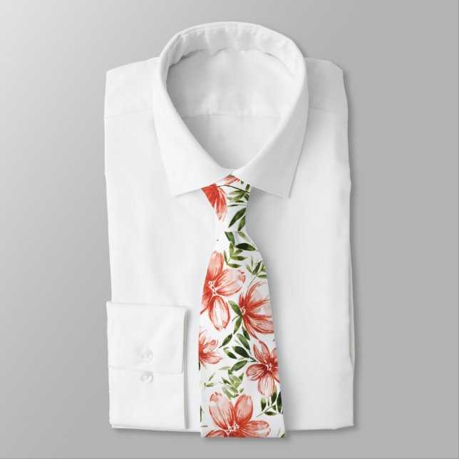Red Watercolor Flowers Neck Tie (Tied)