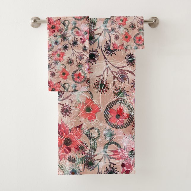 Red watercolor flowers on beige. bath towel set (Insitu)