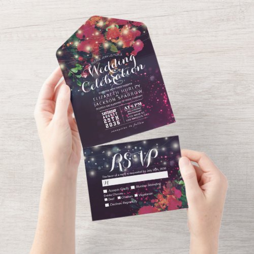 Red Watercolor Flowers Purple Sparkle Wedding RSVP All In One Invitation