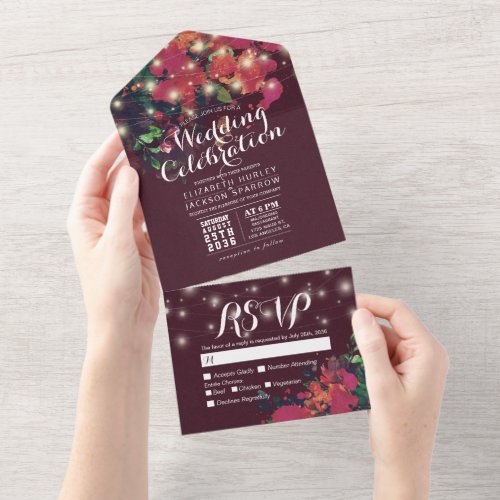 Red Watercolor Flowers String Lights Wedding RSVP All In One Invitation