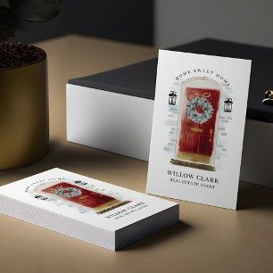 Red Watercolor Front Door Wreath Real Estate Business Card