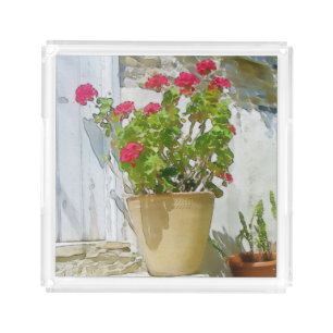 Red watercolor geranium acrylic tray