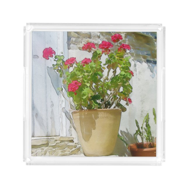 Red watercolor geranium acrylic tray (Front)
