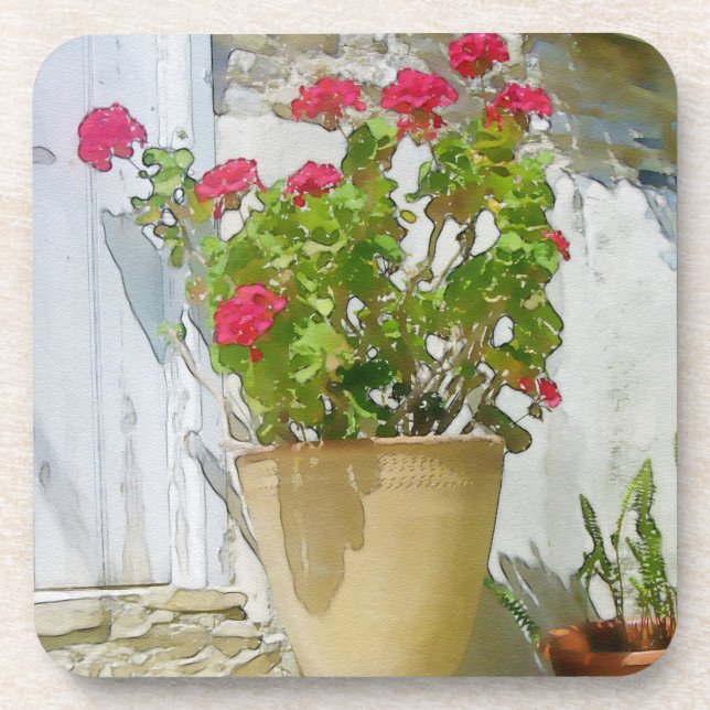 Red watercolor geranium beverage coaster (Front)