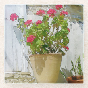 Red watercolor geranium glass coaster