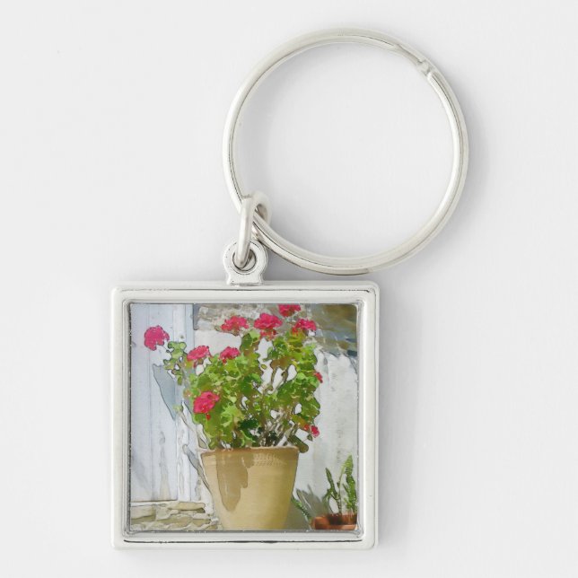 Red watercolor geranium keychain (Front)
