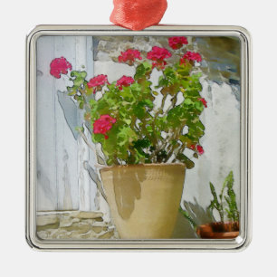 Red watercolor geranium metal ornament