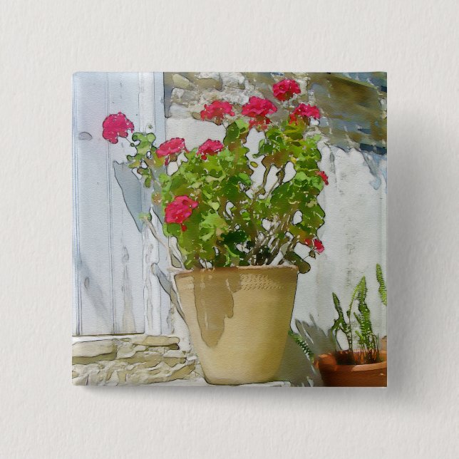 Red watercolor geranium pinback button (Front)