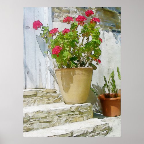 Red watercolor geranium poster