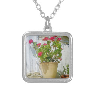 Red watercolor geranium silver plated necklace