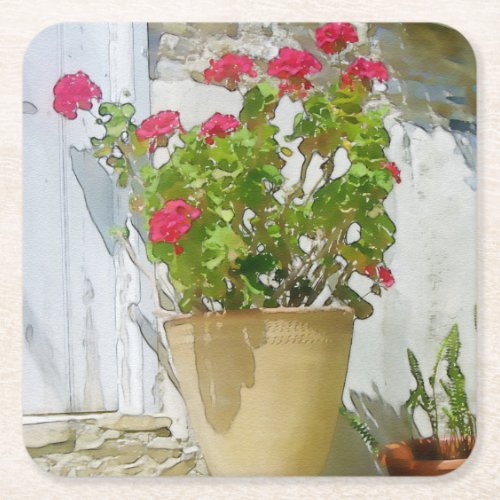 Red watercolor geranium square paper coaster