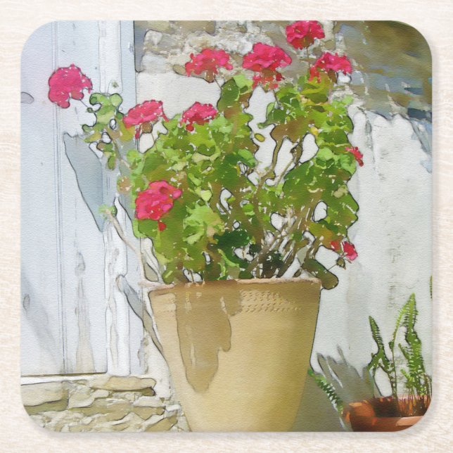 Red watercolor geranium square paper coaster (Front)