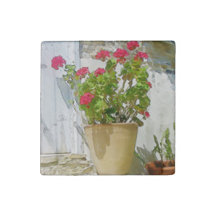 Red watercolor geranium stone magnet