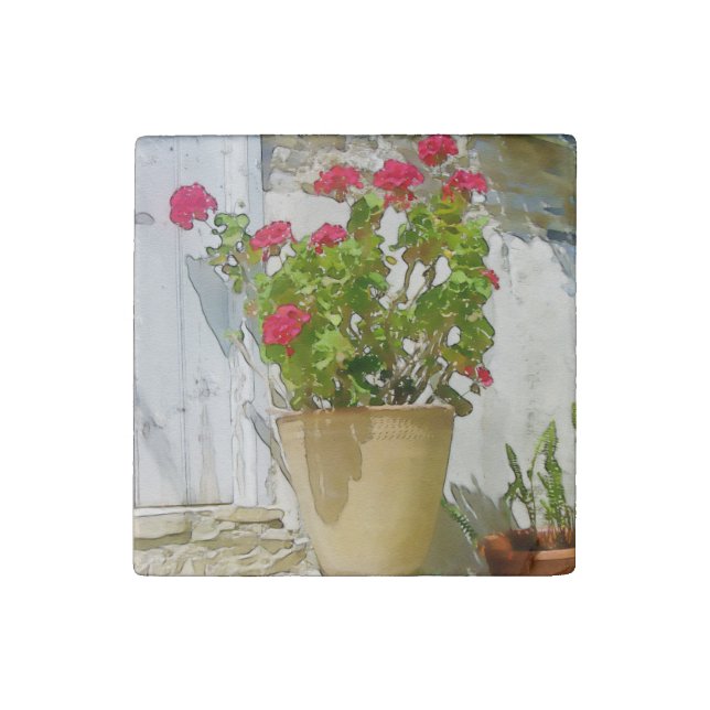 Red watercolor geranium stone magnet (Front)