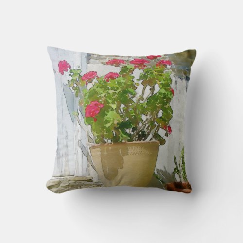 Red watercolor geranium throw pillow