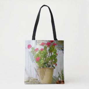 Red watercolor geranium tote bag